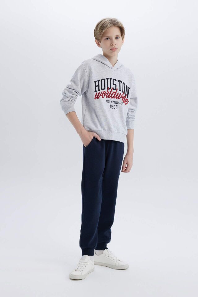Erkek Çocuk 2'li Takım Kapüşonlu Baskılı Sweatshirt Beli Lastikli Eşofman Altı