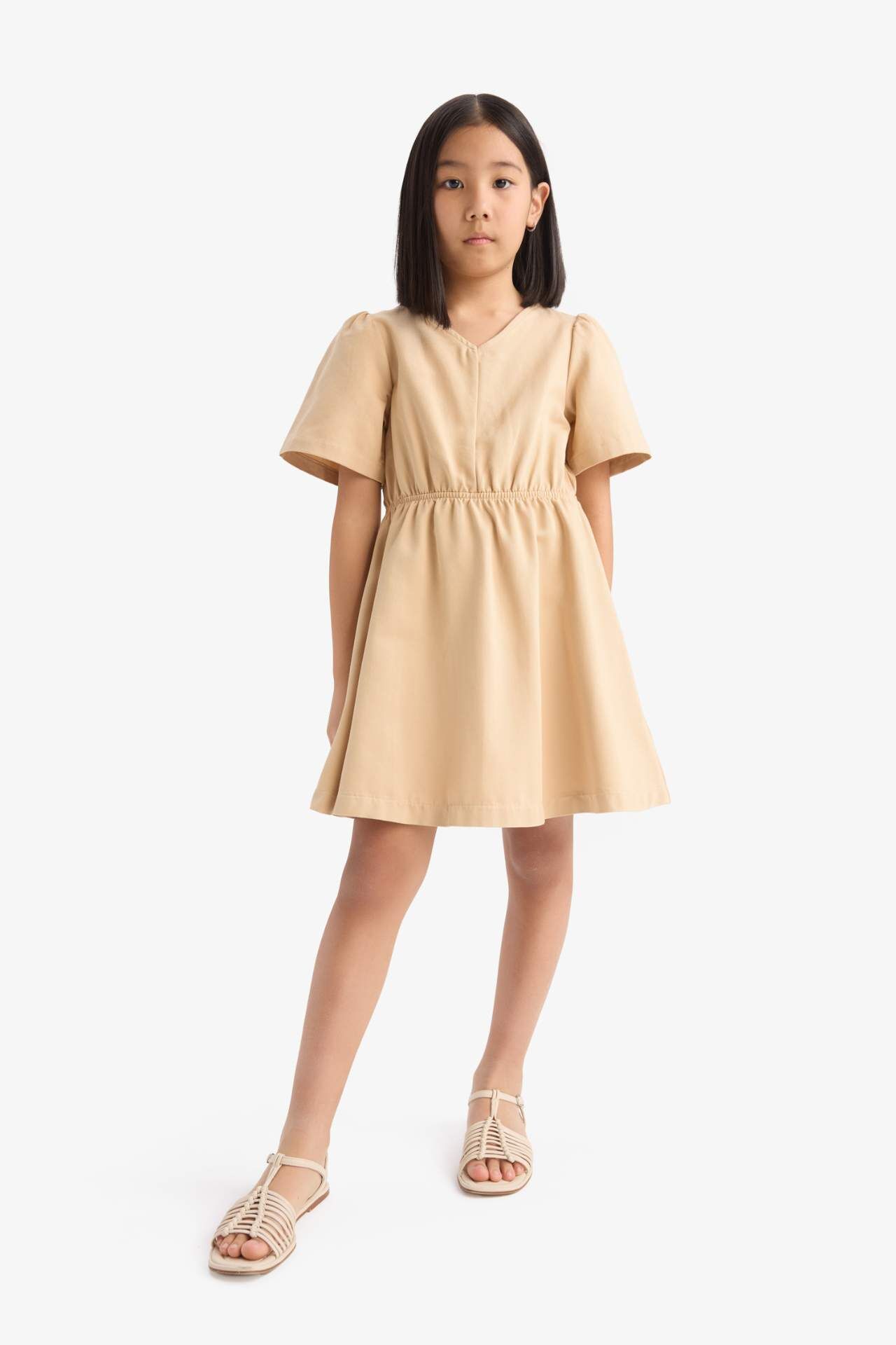 Kız Çocuk Standart Fit V Yaka Gabardin Kısa Kollu Elbise
