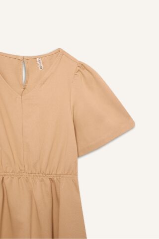 Kız Çocuk Standart Fit V Yaka Gabardin Kısa Kollu Elbise