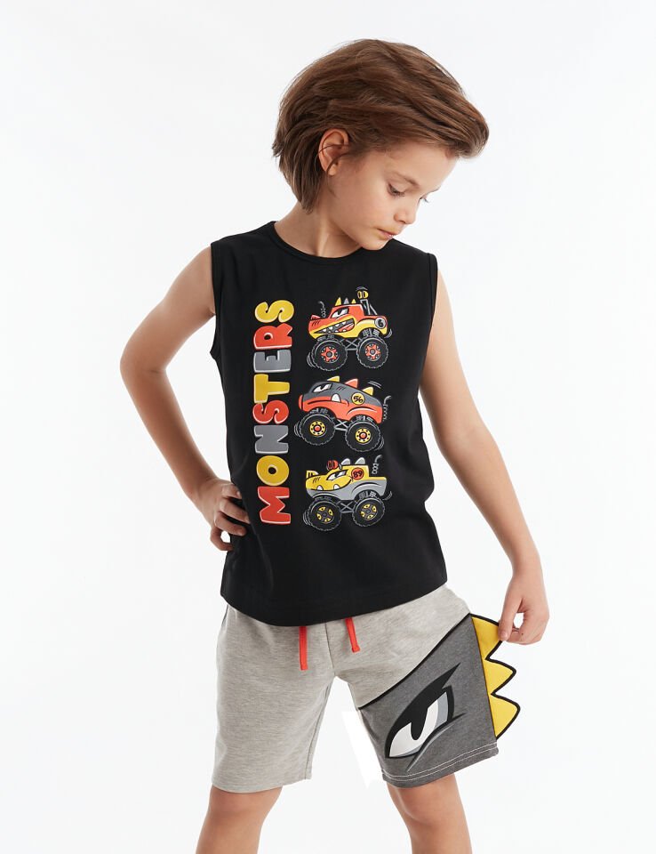 Monster Cars Erkek Çocuk T-shirt Şort Takım 2 Y - Siyah Gri