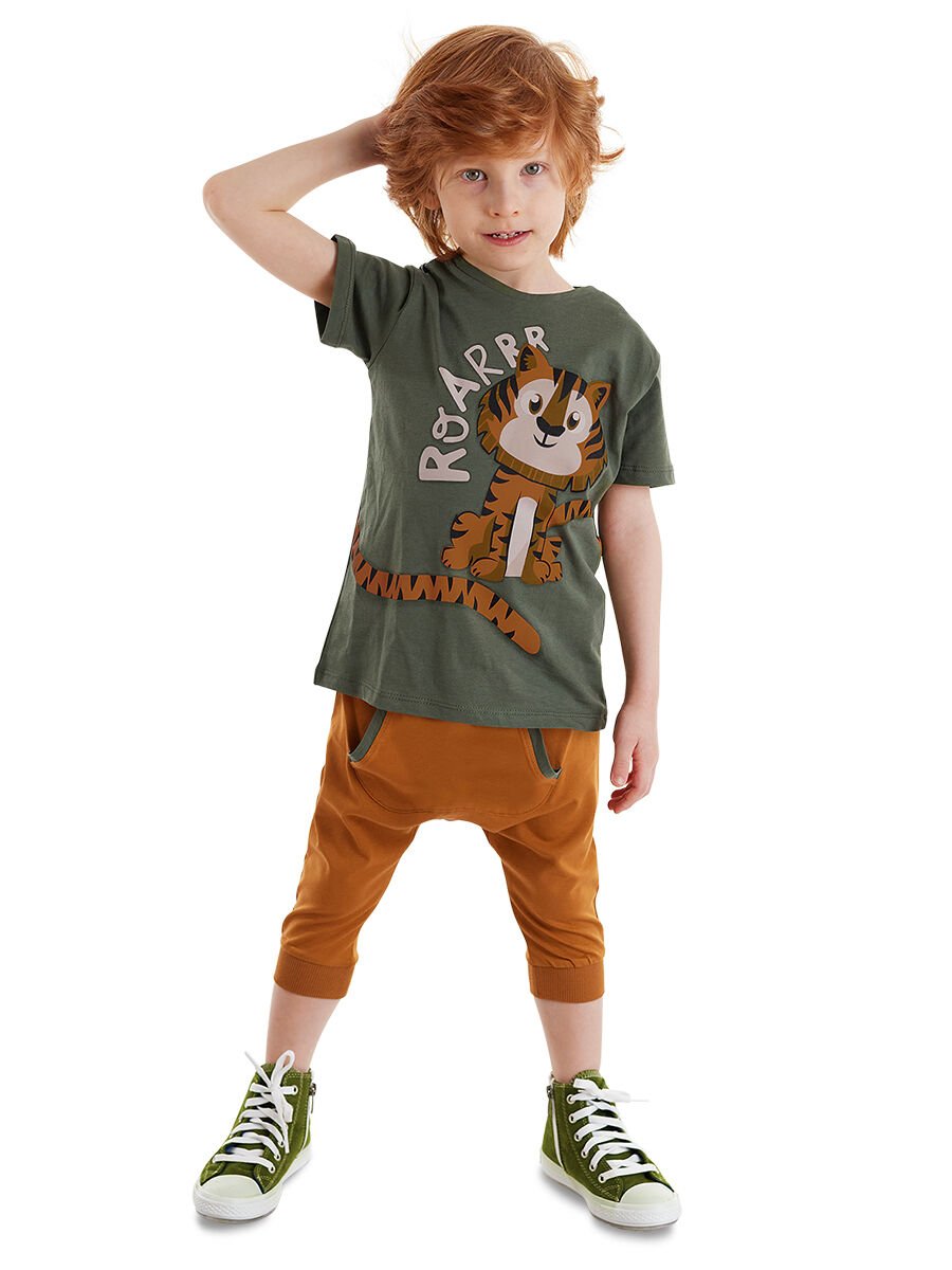 Küçük Kaplan Erkek Çocuk T-shirt Kapri Şort Takım 5 Y - Yeşil, Hardal