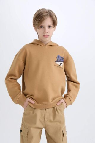 Erkek Çocuk Oversize Geniş Kalıp Kapüşonlu Sırt Baskılı Sweatshirt