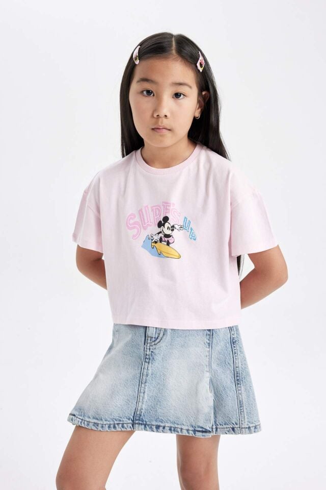 Kız Çocuk Disney Mickey & Minnie Bisiklet Yaka Kısa Kollu Tişört