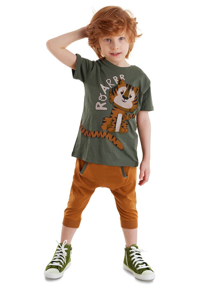 Küçük Kaplan Erkek Çocuk T-shirt Kapri Şort Takım 7 Y - Yeşil, Hardal