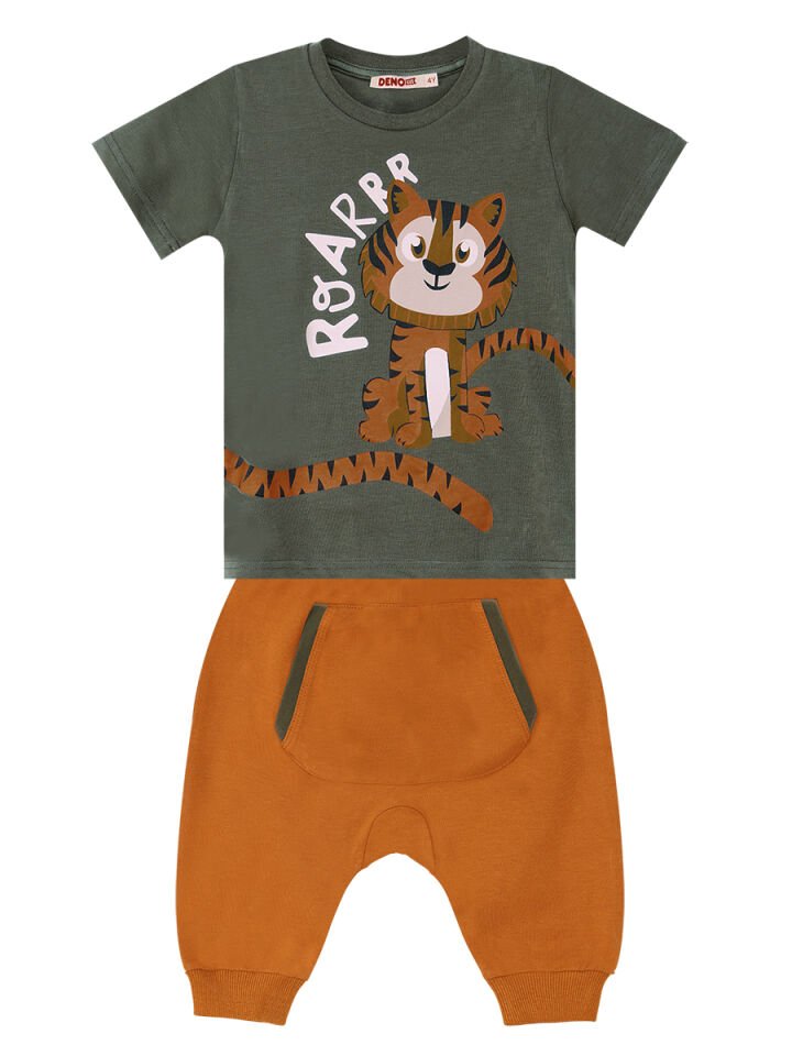Küçük Kaplan Erkek Çocuk T-shirt Kapri Şort Takım 7 Y - Yeşil, Hardal