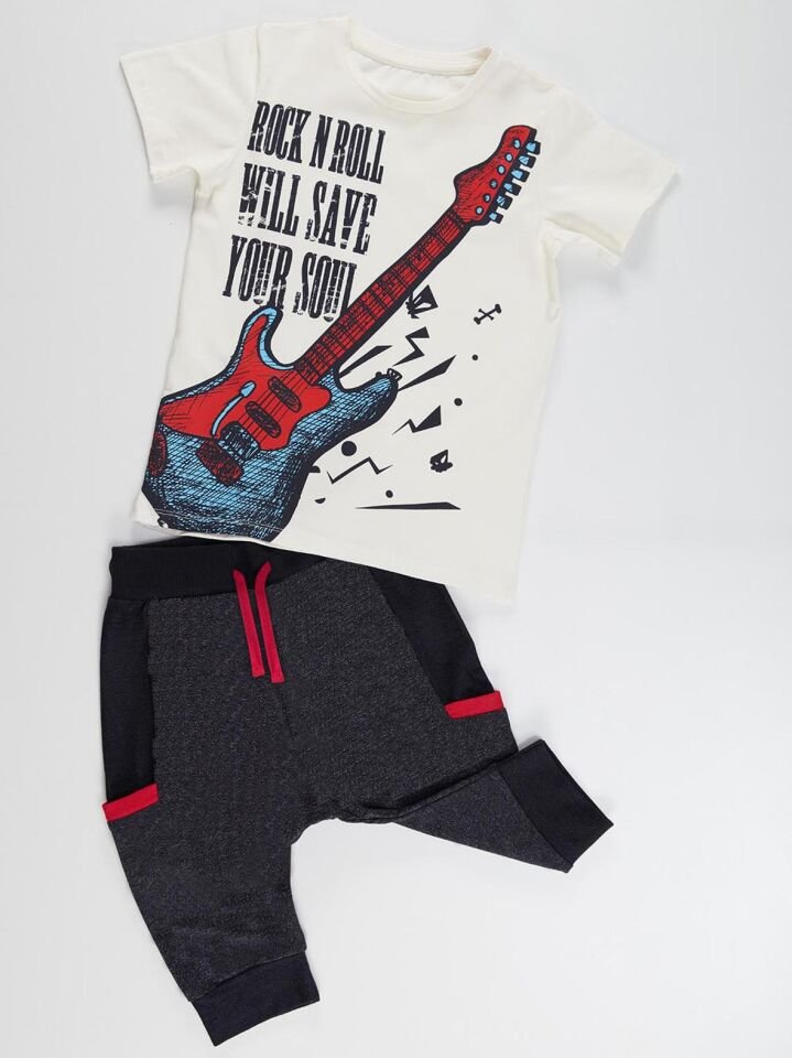 Rock Soul Erkek Çocuk T-shirt Kapri Şort Takım 4 Y - Ekru Siyah