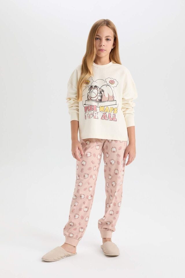 Kız Çocuk Pijama Takım Garfield Sweatshirt Üst Desenli Beli Lastikli Uzun Alt