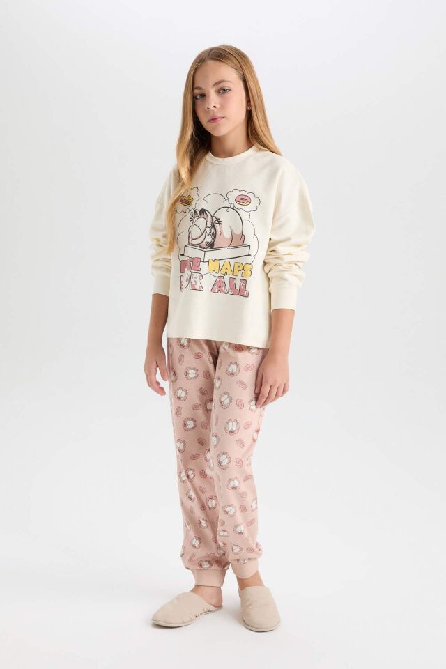 Kız Çocuk Pijama Takım Garfield Sweatshirt Üst Desenli Beli Lastikli Uzun Alt