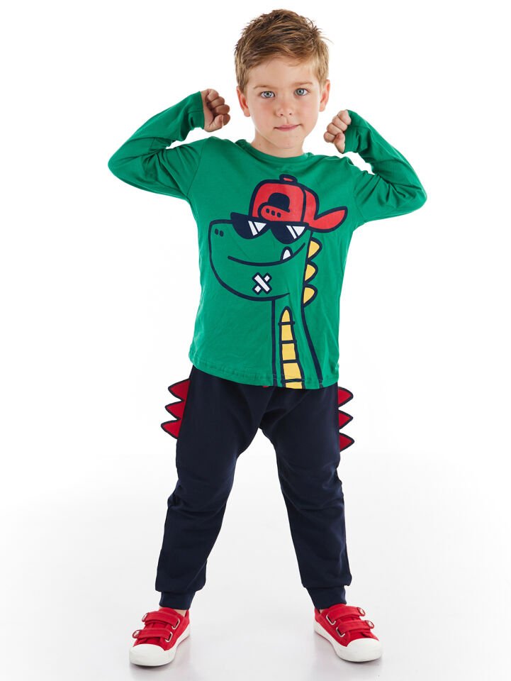 Gözlüklü Dino Erkek Çocuk T-shirt Pantolon Takım 5 Y - Lacivert, Yeşil