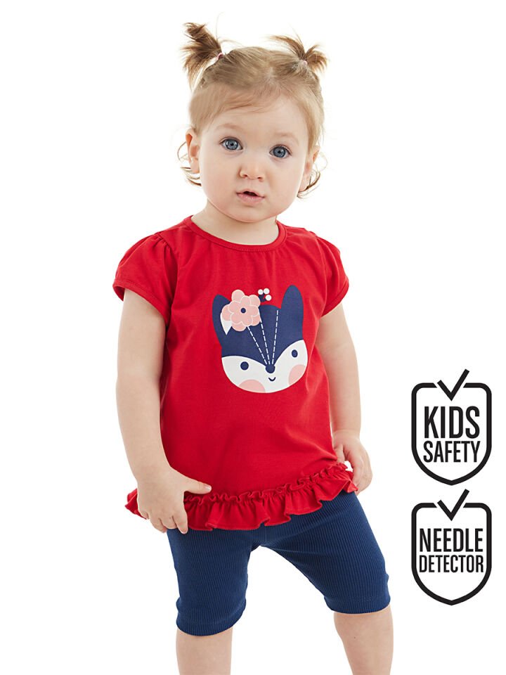 Kırmızı Tilki Kız Bebek Tunik Tayt Takım 3-6 M - Kırmızı, Lacivert