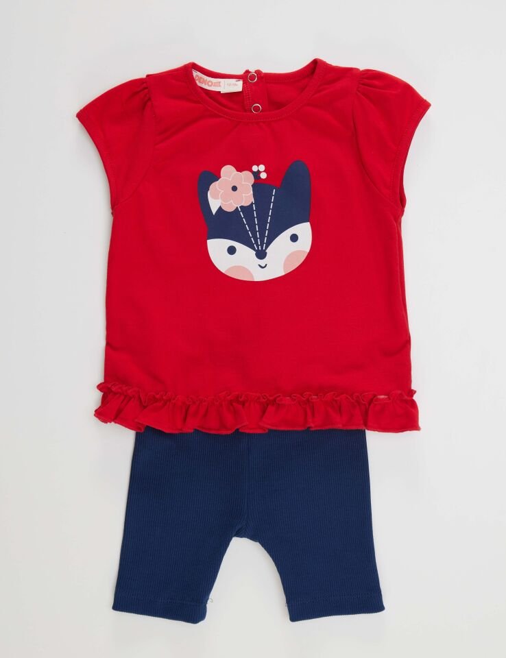 Kırmızı Tilki Kız Bebek Tunik Tayt Takım 3-6 M - Kırmızı, Lacivert