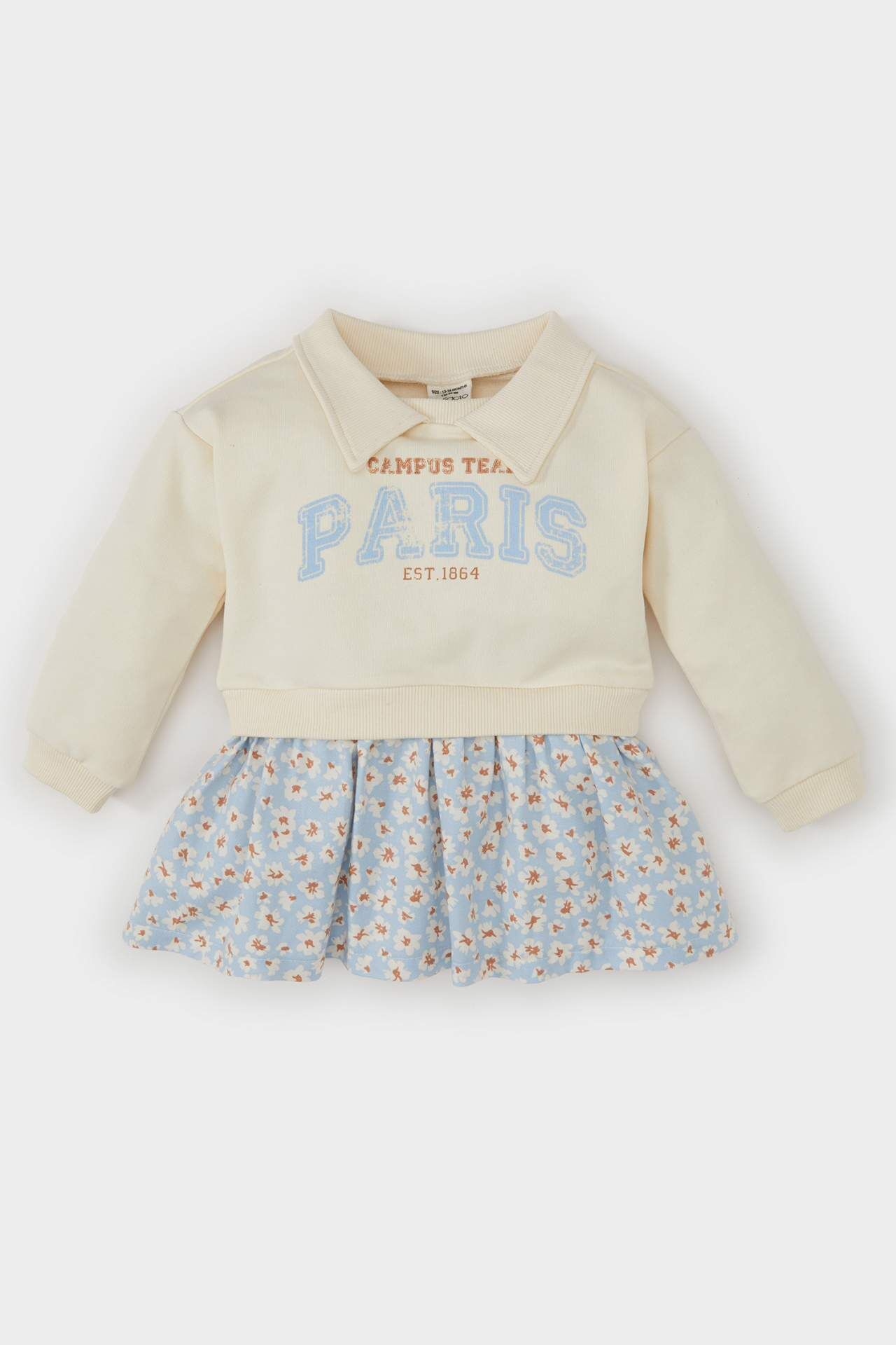 Kız Bebek Polo Yaka Baskılı Eteği Çiçek Desenli Uzun Kollu Sweatshirt Elbise