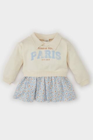 Kız Bebek Polo Yaka Baskılı Eteği Çiçek Desenli Uzun Kollu Sweatshirt Elbise