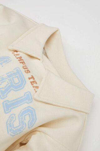 Kız Bebek Polo Yaka Baskılı Eteği Çiçek Desenli Uzun Kollu Sweatshirt Elbise