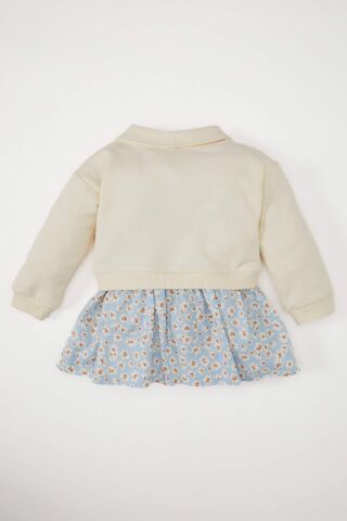Kız Bebek Polo Yaka Baskılı Eteği Çiçek Desenli Uzun Kollu Sweatshirt Elbise