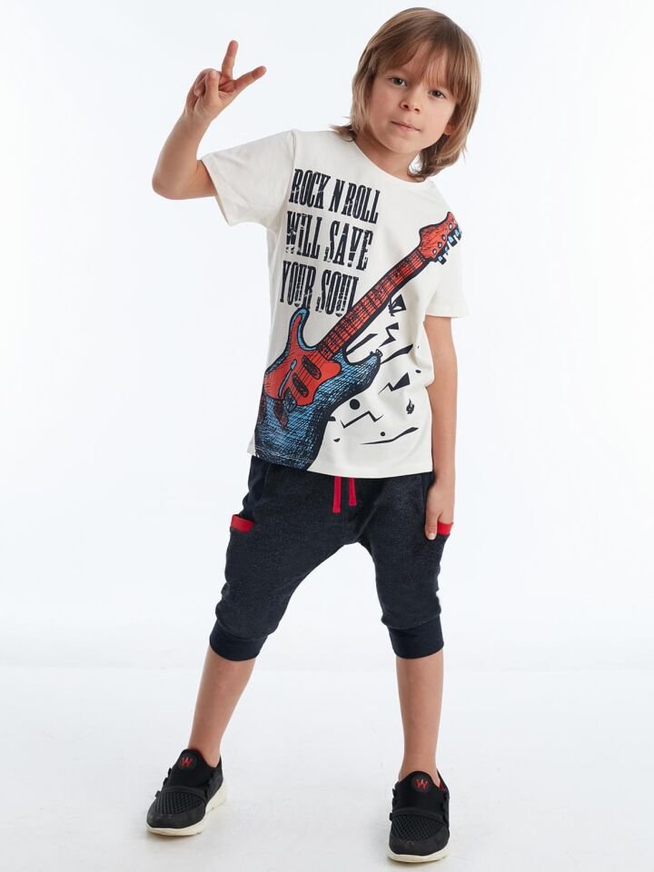 Rock Soul Erkek Çocuk T-shirt Kapri Şort Takım 4 Y - Ekru Siyah