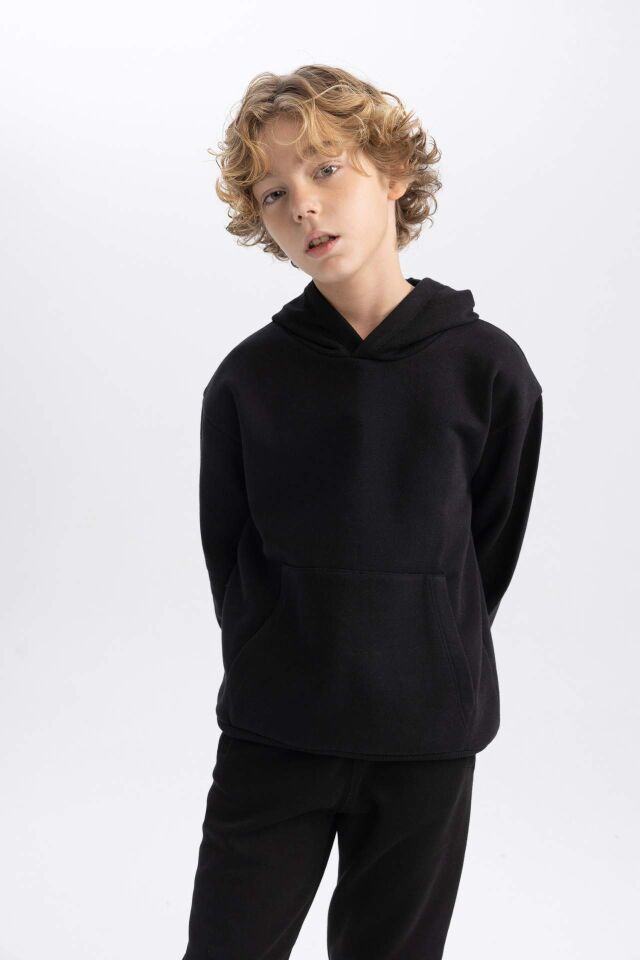 Erkek Çocuk Basic Düz Kapüşonlu Sweatshirt