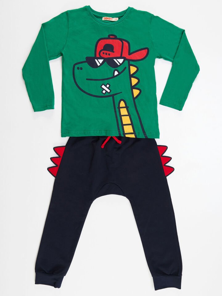 Gözlüklü Dino Erkek Çocuk T-shirt Pantolon Takım 7 Y - Lacivert, Yeşil