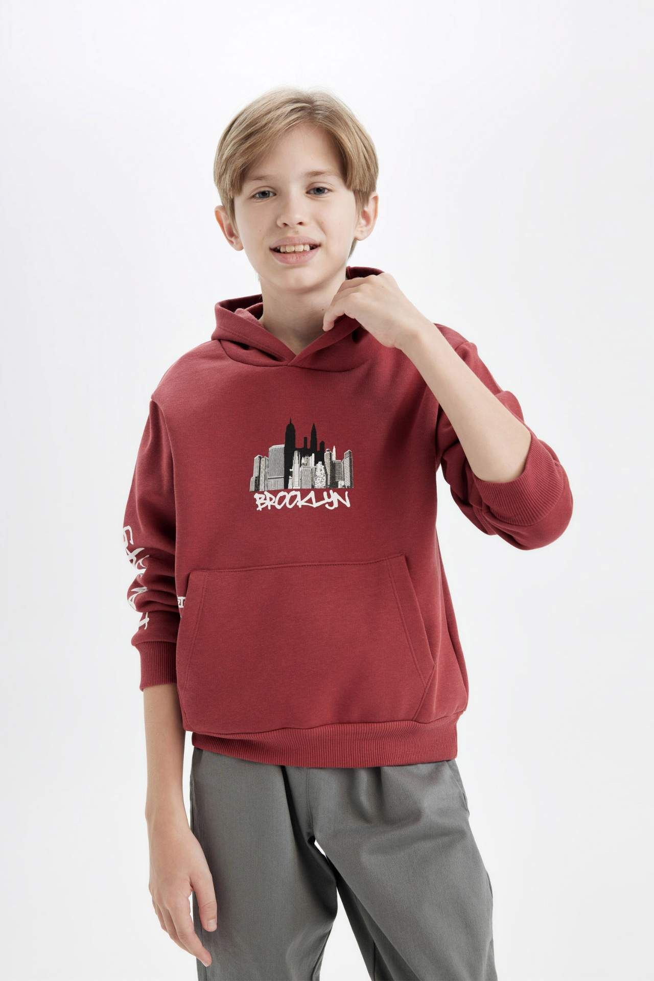 Erkek Çocuk Baskılı Kapüşonlu Kanguru Cepli Sweatshirt