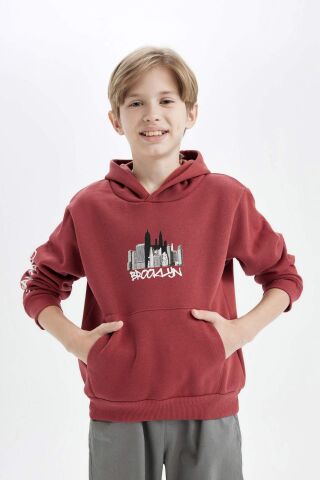 Erkek Çocuk Baskılı Kapüşonlu Kanguru Cepli Sweatshirt