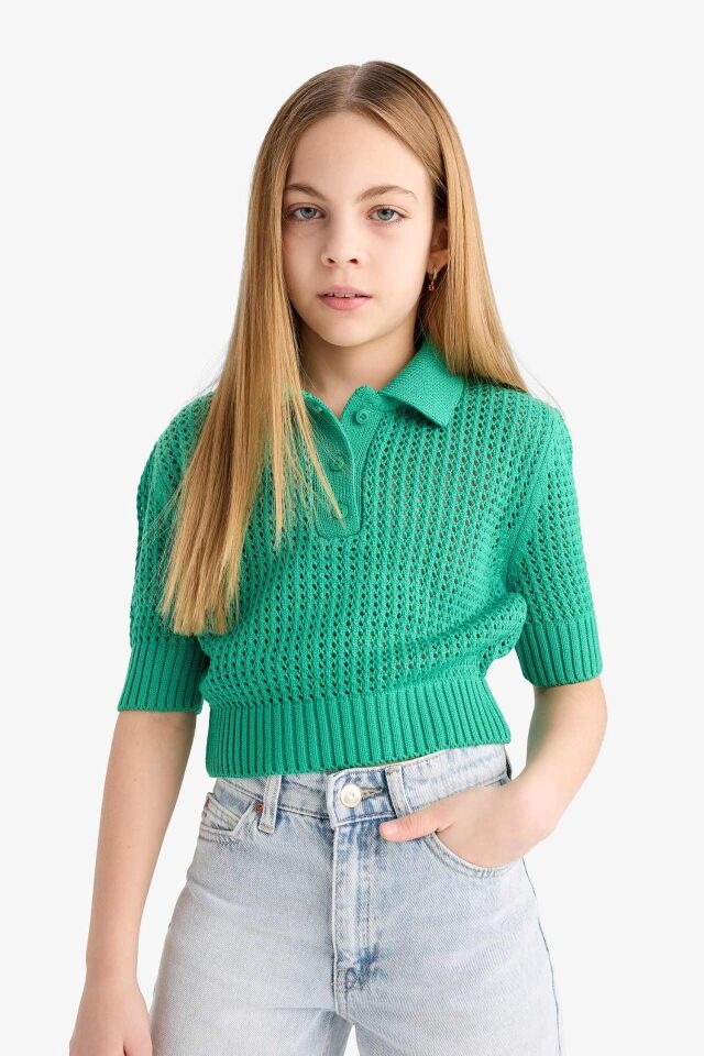 Kız Çocuk Cropped Fit Polo Yaka Kazak