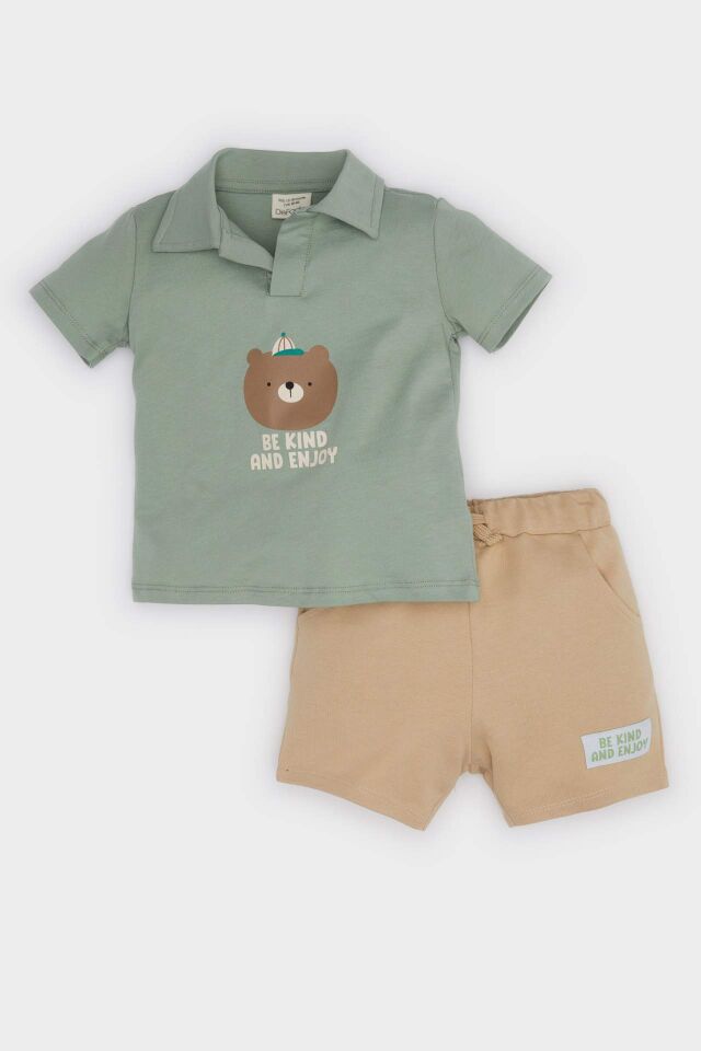 Erkek Bebek 2'li Takım Baskılı Kısa Kollu Polo Tişört Beli Lastikli Şort