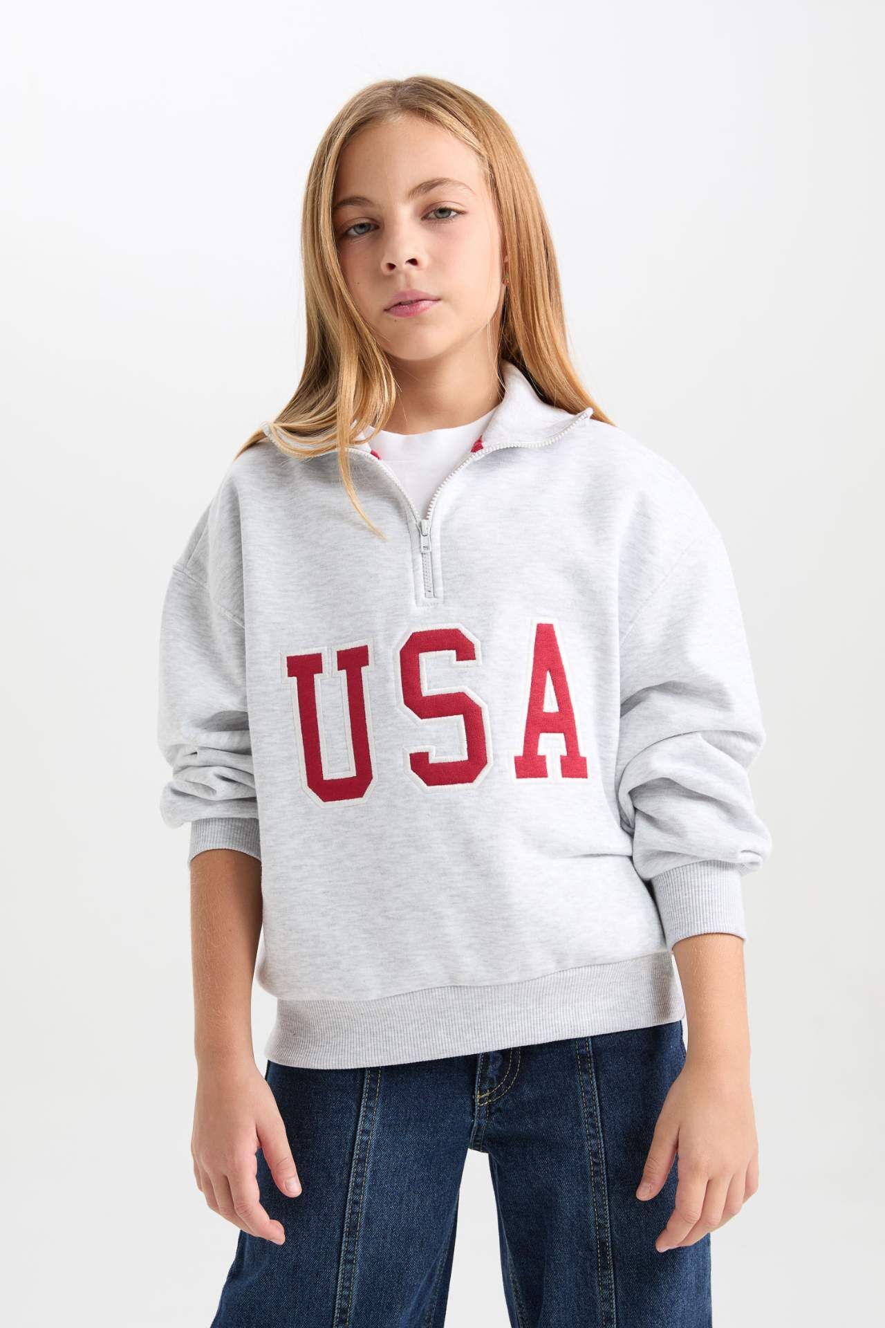 Kız Çocuk Relax Fit Yarım Fermuarlı Baskılı İçi Yumuşak Tüylü Sweatshirt