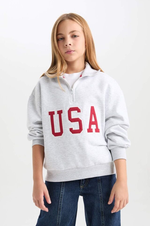 Kız Çocuk Relax Fit Yarım Fermuarlı Baskılı İçi Yumuşak Tüylü Sweatshirt