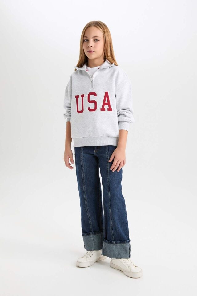 Kız Çocuk Relax Fit Yarım Fermuarlı Baskılı İçi Yumuşak Tüylü Sweatshirt