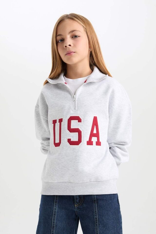 Kız Çocuk Relax Fit Yarım Fermuarlı Baskılı İçi Yumuşak Tüylü Sweatshirt