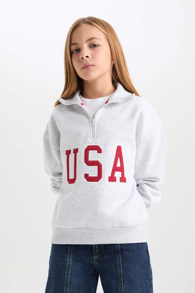 Kız Çocuk Relax Fit Yarım Fermuarlı Baskılı İçi Yumuşak Tüylü Sweatshirt