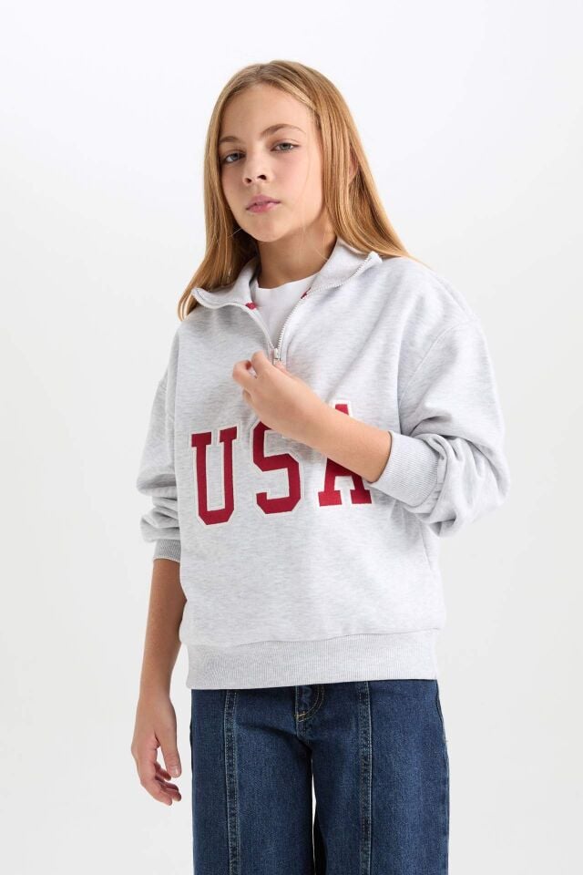 Kız Çocuk Relax Fit Yarım Fermuarlı Baskılı İçi Yumuşak Tüylü Sweatshirt