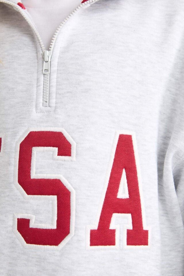 Kız Çocuk Relax Fit Yarım Fermuarlı Baskılı İçi Yumuşak Tüylü Sweatshirt