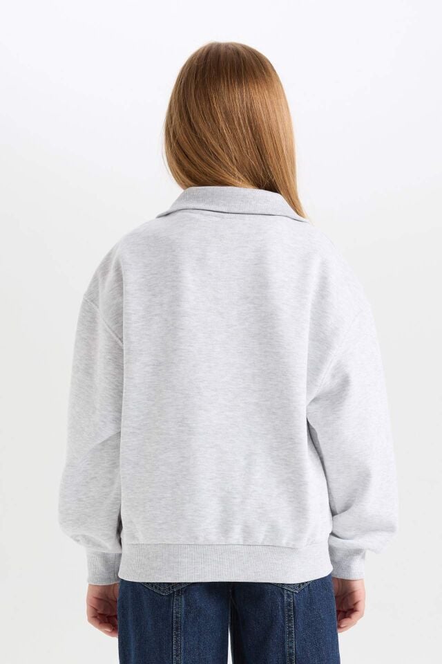 Kız Çocuk Relax Fit Yarım Fermuarlı Baskılı İçi Yumuşak Tüylü Sweatshirt