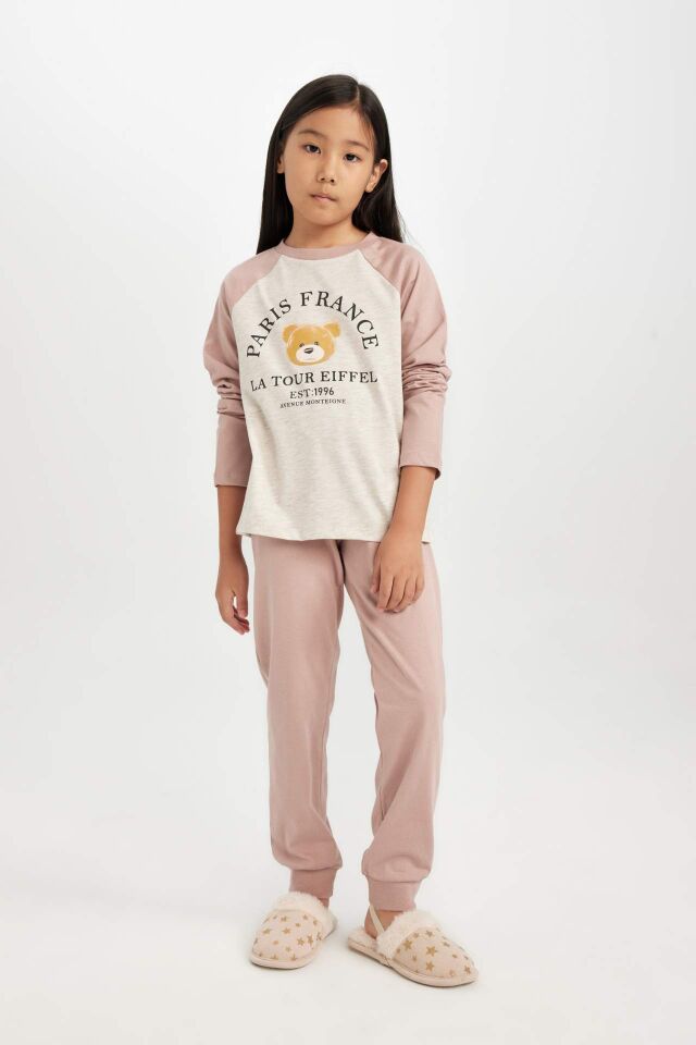 Kız Çocuk Pijama Takım Baskılı Uzun Kollu Üst Beli Lastikli Uzun Alt