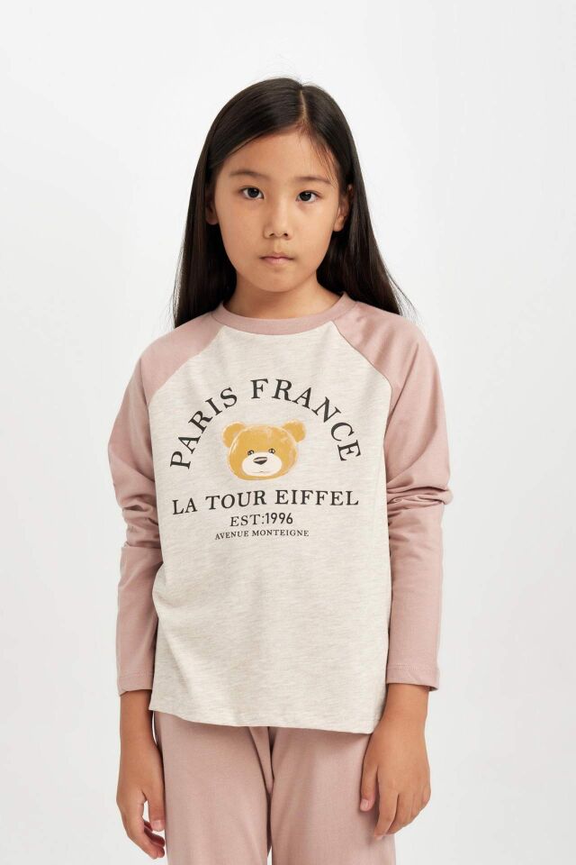 Kız Çocuk Pijama Takım Baskılı Uzun Kollu Üst Beli Lastikli Uzun Alt