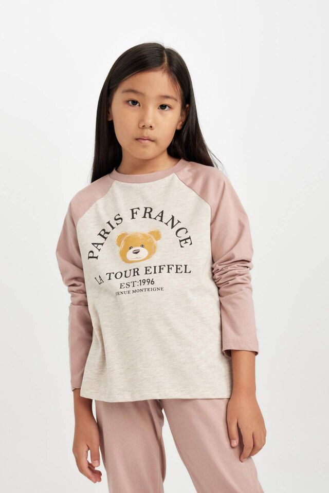 Kız Çocuk Pijama Takım Baskılı Uzun Kollu Üst Beli Lastikli Uzun Alt