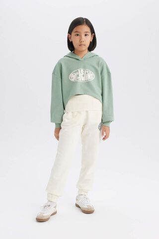 Kız Çocuk 2'li Takım Crop Kapüşonlu Baskılı Sweatshirt Atlet
