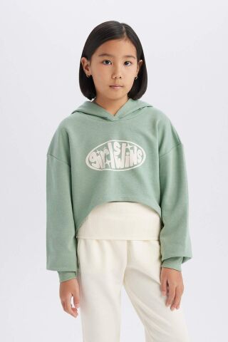 Kız Çocuk 2'li Takım Crop Kapüşonlu Baskılı Sweatshirt Atlet