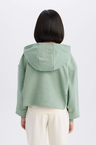 Kız Çocuk 2'li Takım Crop Kapüşonlu Baskılı Sweatshirt Atlet