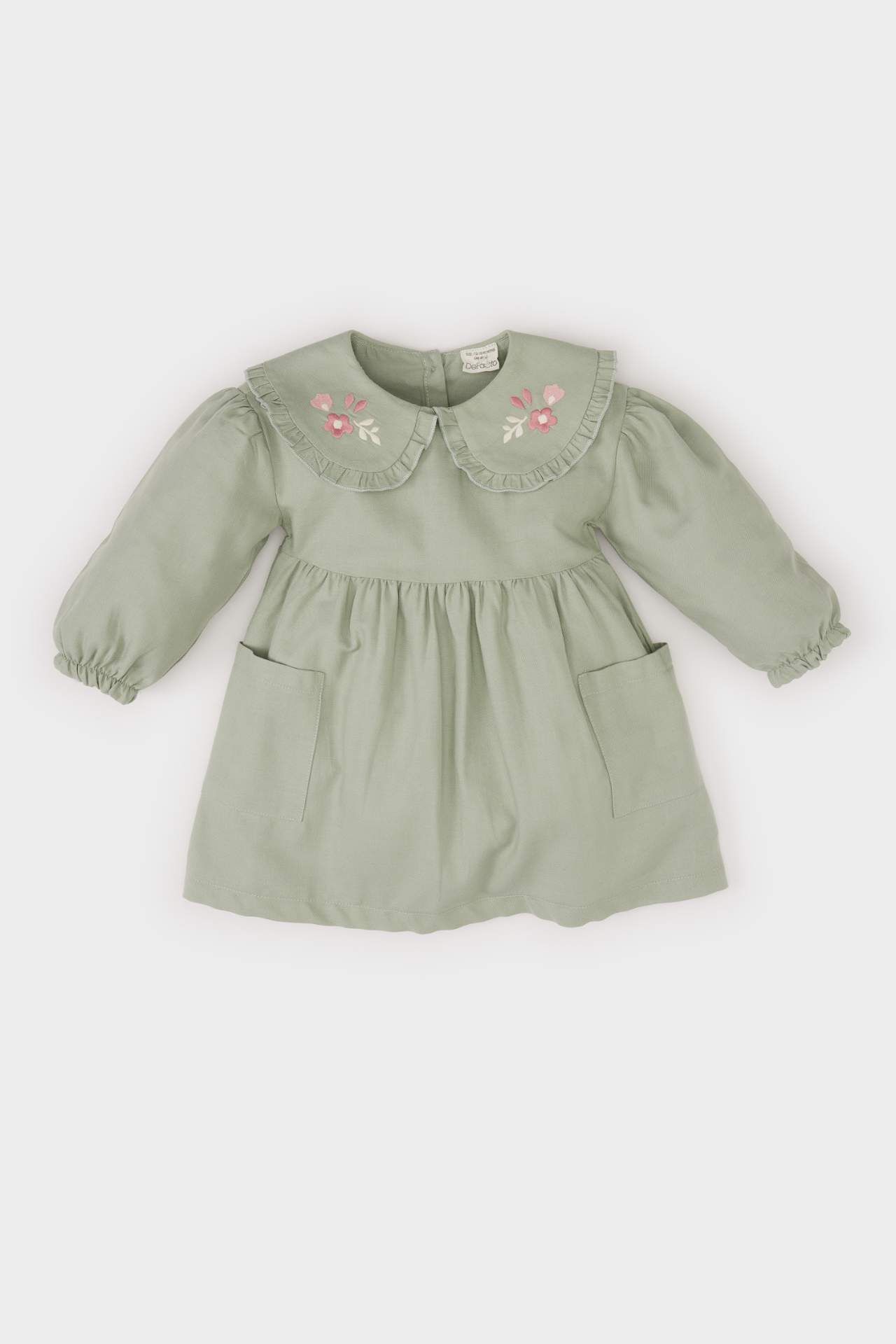 Kız Bebek Büyük Yaka Nakışlı Uzun Kollu Cepli Twill Elbise
