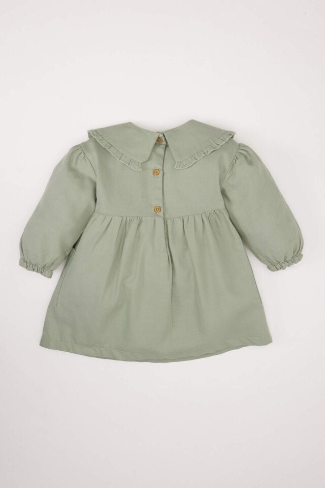 Kız Bebek Büyük Yaka Nakışlı Uzun Kollu Cepli Twill Elbise