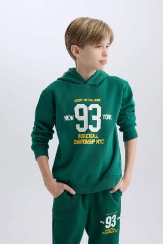 Erkek Çocuk Kapüşonlu Baskılı Kalın Sweatshirt