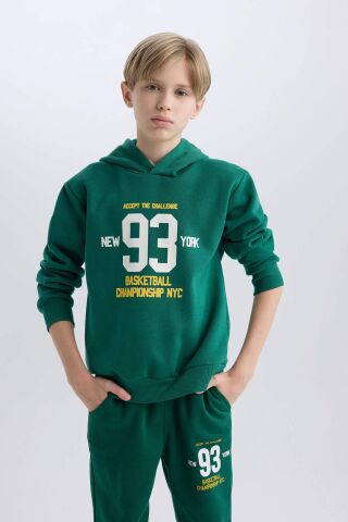 Erkek Çocuk Kapüşonlu Baskılı Kalın Sweatshirt