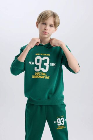 Erkek Çocuk Kapüşonlu Baskılı Kalın Sweatshirt