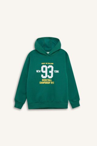 Erkek Çocuk Kapüşonlu Baskılı Kalın Sweatshirt