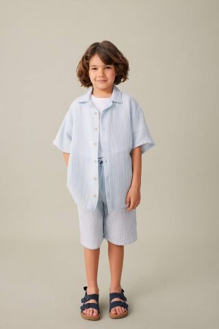 Erkek Çocuk Oversize Geniş Kalıp Polo Yaka Müslin Kısa Kollu Gömlek