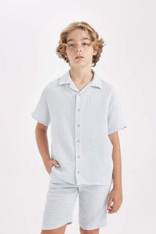 Erkek Çocuk Oversize Geniş Kalıp Polo Yaka Müslin Kısa Kollu Gömlek