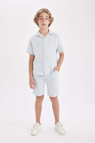 Erkek Çocuk Oversize Geniş Kalıp Polo Yaka Müslin Kısa Kollu Gömlek