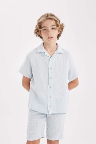 Erkek Çocuk Oversize Geniş Kalıp Polo Yaka Müslin Kısa Kollu Gömlek